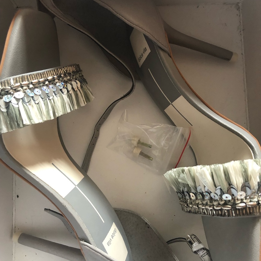 Gray stiletto sandals